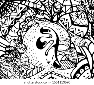 Vector illustration zentagl, hedgehog and fox sleeping in the flowers. Doodle drawing. Meditative exercises. Coloring book anti stress for adults and children.