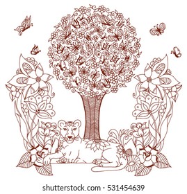 Vector illustration zentagl, lioness under a tree of butterflies among the flowers. Doodle drawing. Meditative exercises. Coloring book anti stress for adults and children.Brown and white.
