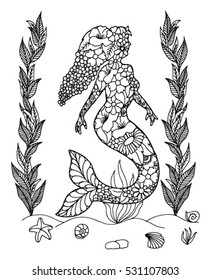 Vector illustration zentagl, mermaid in the sea from flowers. Doodle drawing. Meditative exercises. Coloring book anti stress for adults and children. Black and white.