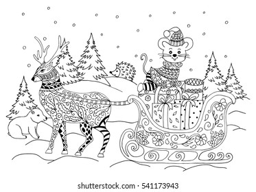 Vector illustration zentagl, New year sleds with the mouse in a forest among the beasts. Doodle drawing. Meditative exercises. Coloring book anti stress for adults and children. Black and white.