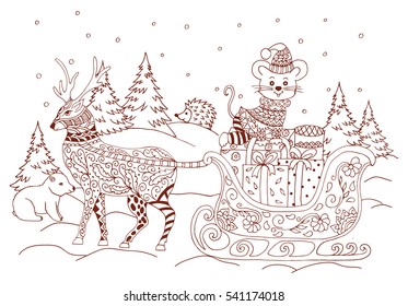 Vector illustration zentagl, New year sleds with the mouse in a forest among the beasts. Doodle drawing. Meditative exercises. Coloring book anti stress for adults and children. Brown and white.