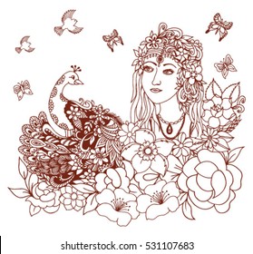 Vector illustration zentagl, peacock and a girl among the flowers and butterflies. Doodle drawing. Meditative exercises. Coloring book anti stress for adults and children. Brown and white.