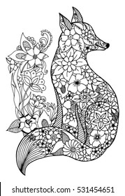 Vector illustration zentagl, portrait chanterelles among the flowers. Doodle drawing. Meditative exercises. Coloring book anti stress for adults and children. Black and white.