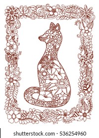Vector illustration zentagl, puss in a frame of flowers. Doodle drawing. Meditative exercises. Coloring book anti stress for adults and children.Brown and white.