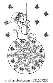 Vector illustration zentagl, a teddy bear on a Christmas toy among snowflakes. Doodle drawing. Meditative exercises. Coloring book anti stress for adults and children. Black and white.