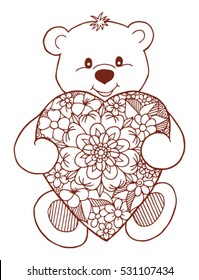 Vector illustration zentagl, teddy bear with a heart from flowers. Doodle drawing. Meditative exercises. Coloring book anti stress for adults and children. Brown and white.