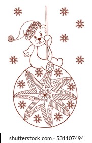 Vector illustration zentagl, a teddy bear on a Christmas toy among snowflakes. Doodle drawing. Meditative exercises. Coloring book anti stress for adults and children.Brown and white.