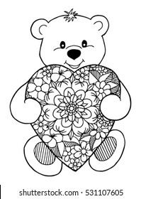 Vector illustration zentagl, teddy bear with a heart from flowers. Doodle drawing. Meditative exercises. Coloring book anti stress for adults and children. Black and white
