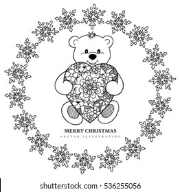 Vector illustration zentagl, a teddy bear with a heart in the frame of the snowflakes. Doodle drawing. Meditative exercises. Coloring book anti stress for adults and children. Black and white.