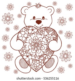 Vector illustration zentagl, a teddy bear enamored with the heart among flowers. Doodle drawing. Meditative exercises. Coloring book anti stress for adults and children.Brown and white.