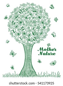 Vector illustration zentagl, the tree on which the butterflies have settled. Doodle drawing. Meditative exercises. Coloring book anti stress for adults and children. Green and white.