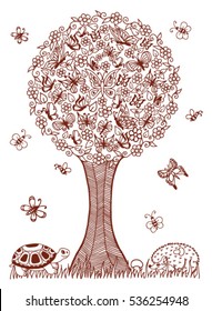 Vector illustration zentagl, turtle and the hedgehog under a tree of butterflies. Doodle drawing. Meditative exercises. Coloring book anti stress for adults and children.Brown and white.