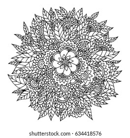 Vector illustration zentang ornament from flowers. The work is done manually. Meditative exercises. Coloring book for adults and children. Black and white.