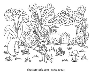 Vector illustration zentangl. Ant with a hedgehog in a clearing near the house. Coloring book. Anti Stress for adults and children. The work is done in manual mode. Black and white.