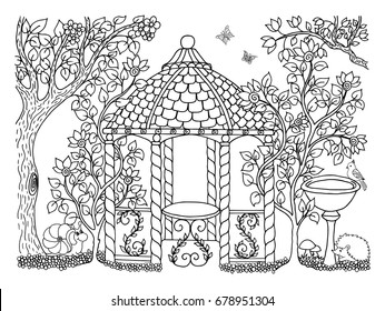 Vector illustration zentangl. Arbor in the garden among the trees. Coloring book. Anti-stress for adults and children. The work is done in manual mode. Black and white.