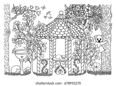 Vector illustration zentangl. In the arbor on the table the kitten sleeps. Coloring book. Anti-stress for adults and children. The work is done in manual mode. Black and white.