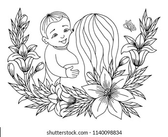 Vector illustration zentangl. Baby in the arms of the mother among the flowers. Coloring book. Antistress for adults and children. The work was done in manual mode. Black and white.