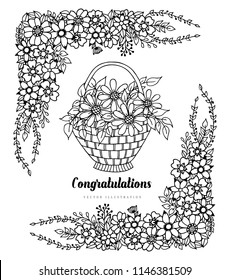 Vector illustration zentangl. Basket of flowers in a frame. Coloring book. Antistress for adults and children. The work was done in manual mode. Black and white.
