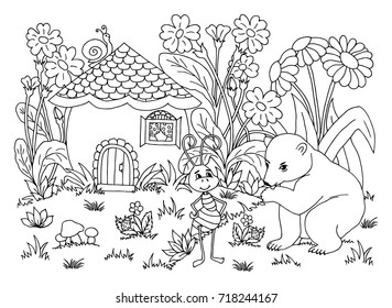 Vector illustration zentangl. A bear and an ant walk in a clearing near the house. Coloring book. Antistress for adults and children. The work was done in manual mode. Black and white.