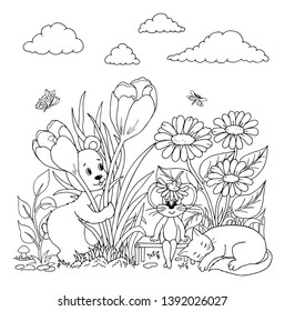 Vector illustration zentangl. Bear, mouse and a cat resting in the meadow among the flowers. Coloring book. Antistress for adults and children. Work done in manual mode. Black and white.