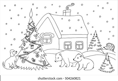 Vector illustration zentangl, beasts of on the New Year tree. Coloring Book, anti-stress for adults. Black and white.