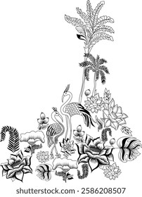 Vector illustration zentangl beautiful flamingo in flowers. Doodle drawing. Meditative exercises. Coloring book anti stress for adults. Black and white. isolated on a white background