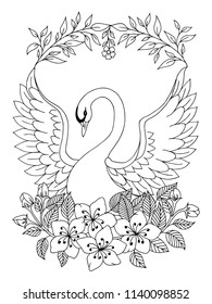 Vector illustration zentangl. Beautiful Swan spread his wings among the flowers. Coloring book. Antistress for adults and children. The work was done in manual mode. Black and white.