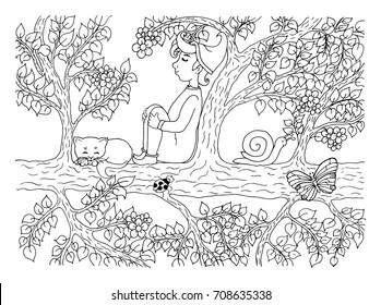 Vector illustration zentangl. A boy and a cat rest on a tree branch. Coloring book. Anti-stress for adults and children. The work is done in manual mode. Black and white.