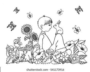 Vector illustration zentangl boy in the flowers on his lap rabbit. Doodle drawing. Coloring book anti stress for adults. Meditative exercises. Black and white.