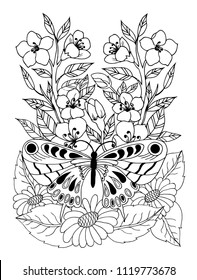 Vector illustration zentangl. Butterfly surrounded by daisies and apricot branches. Coloring book. Antistress for adults and children. The work was done in manual mode. Black and white.