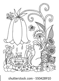 Vector illustration zentangl a cat bathes the a kitten on nature. Doodle drawing. Meditative exercises. Coloring book anti stress for adults. Black and white.