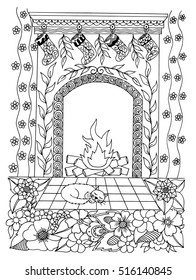 Vector illustration zentangl cat by the fireplace in the flowers. Coloring Book, anti-stress for adults. Black and white.