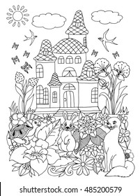 Vector illustration zentangl cat, hare and the turtle near the house in flowers. Doodle drawing. Meditative exercises. Coloring book anti stress for adults. Black and white.