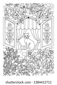 Vector illustration zentangl. The cat sits in the window of the house among the flowers. Coloring book. Antistress for adults and children. Work done in manual mode. Black and white.