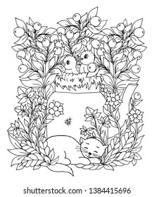 Vector illustration zentangl. A cat sleeps on a meadow near the teapot with flowers and chicks. Coloring book. Antistress for adults and children. Work done in manual mode. Black and white.