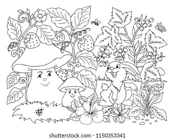 Vector illustration zentangl. A cheerful company in a clearing among berries and flowers. Coloring book. Antistress for adults and children.  Black and white.