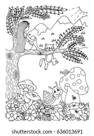 Vector illustration of a zentangl cheerful snail under a tree on which sits a girl and looks at the mountains. The work is done manually. Coloring for adults and children. Black and white.