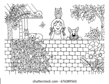 Vector illustration zentangl. A child with an owl on his head peeks out from behind a fence. Coloring book. Anti-stress for adults and children. The work is done in manual mode. Black and white.