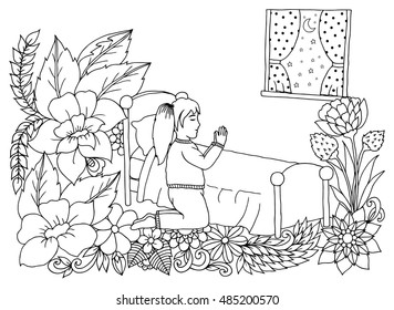 Vector illustration zentangl child praying before bedtime. Doodle drawing. Meditative exercises. Coloring book anti stress for adults. Black and white.