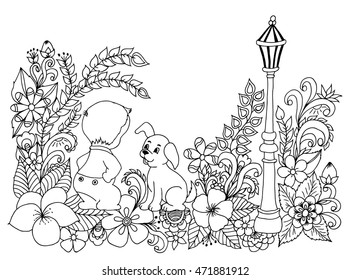 Vector illustration zentangl child with a puppy beside fonorya in the flowers. Dudling. Coloring book anti stress for adults. Black and white.