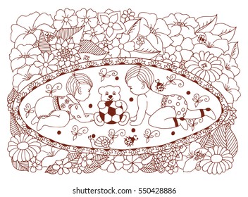 Vector illustration zentangl children playing on a carpet among the flowers. Doodle drawing. Meditative exercises. Coloring book anti stress for adults.Brown and white.