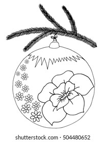 Vector illustration zentangl, Christmas and New Year toy is painted flowers. Coloring Book, anti-stress for adults. Black and white.