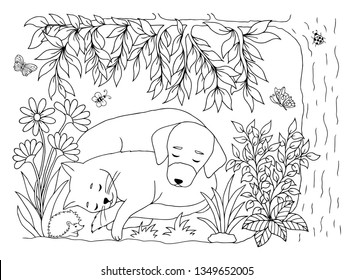 Vector illustration zentangl. In a clearing under a tree, a cat and a dog are sleeping. Coloring book. Antistress for adults and children. Work done in manual mode. Black and white.