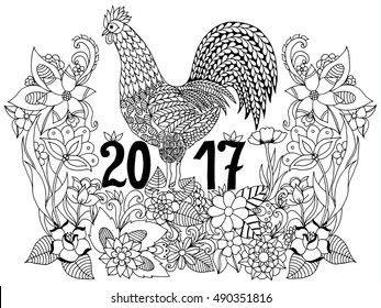 Vector illustration zentangl cock for the new year in the colors. Doodle drawing. Meditative exercises. Coloring book anti stress for adults. Black and white.