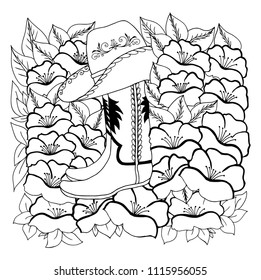 Vector illustration zentangl. A cowboy hat and boots among poppies. Coloring book. Antistress for adults and children. The work was done in manual mode. Black and white.