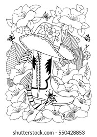 Vector illustration zentangl cowboy hat and of boots among the flowers. Doodle drawing. Meditative exercises. Coloring book anti stress for adults. Black and white.