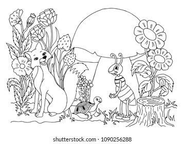 Vector illustration zentangl. A cunning fox observes an ant that stands over a mushroom. Coloring book. Antistress for adults and children. The work was done in manual mode. Black and white.