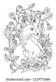 Vector illustration zentangl. The cunning fox sits surrounded by flowers. Coloring book. Antistress for adults and children. The work was done in manual mode. Black and white.