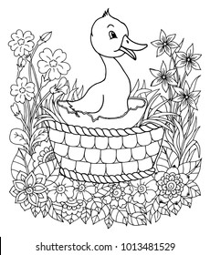 Vector illustration zentangl. Duckling in a basket surrounded by flowers. Coloring book. The work was done manually. Anti Stress for adults and children. Black and white.