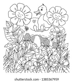 Vector illustration zentangl. Duckling is sitting on a big mushroom, surrounded by flowers. Coloring book. Antistress for adults and children. Work done in manual mode. Black and white.